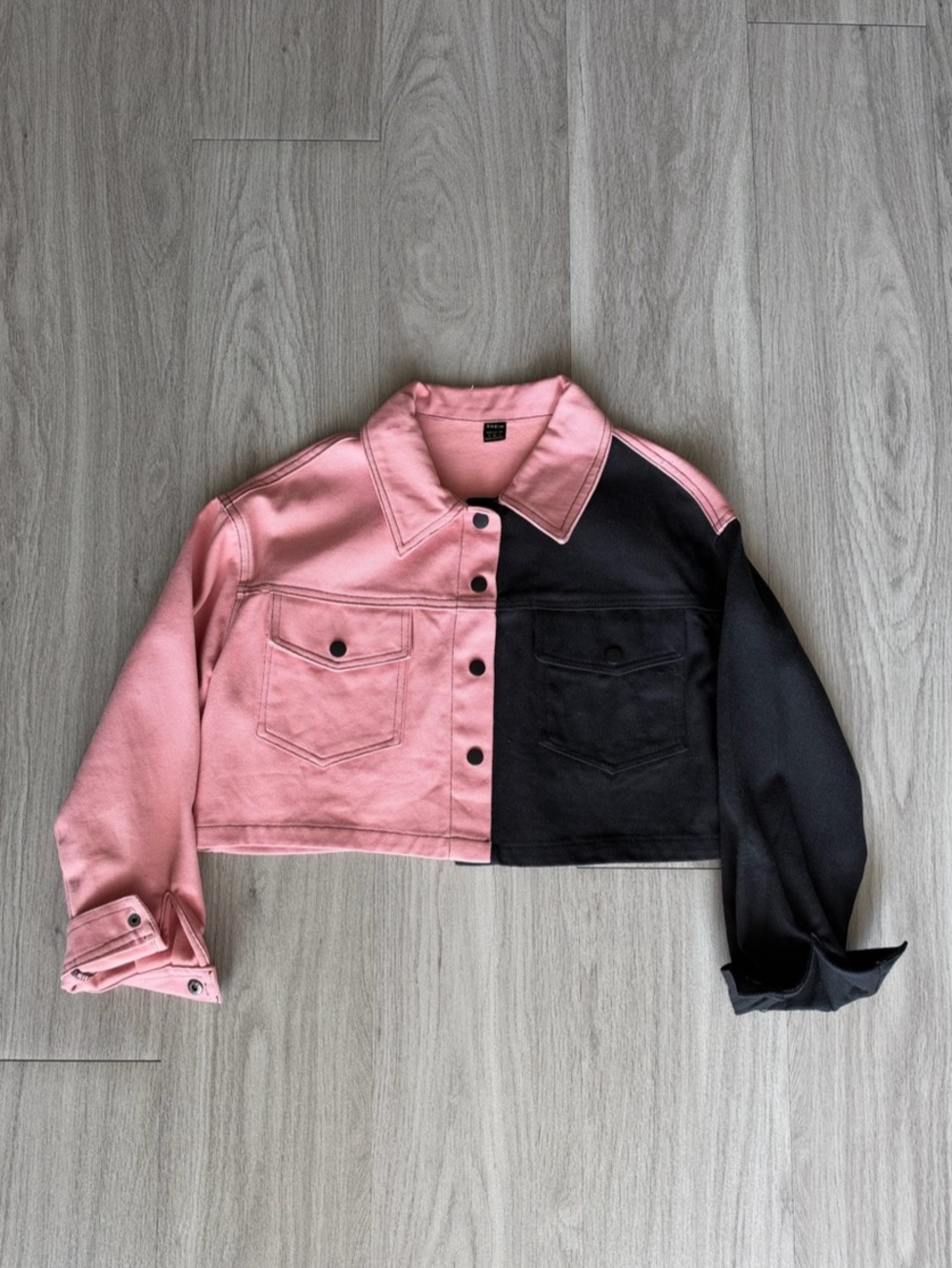 Pink and Black Colorblock Cropped Denim Jacket